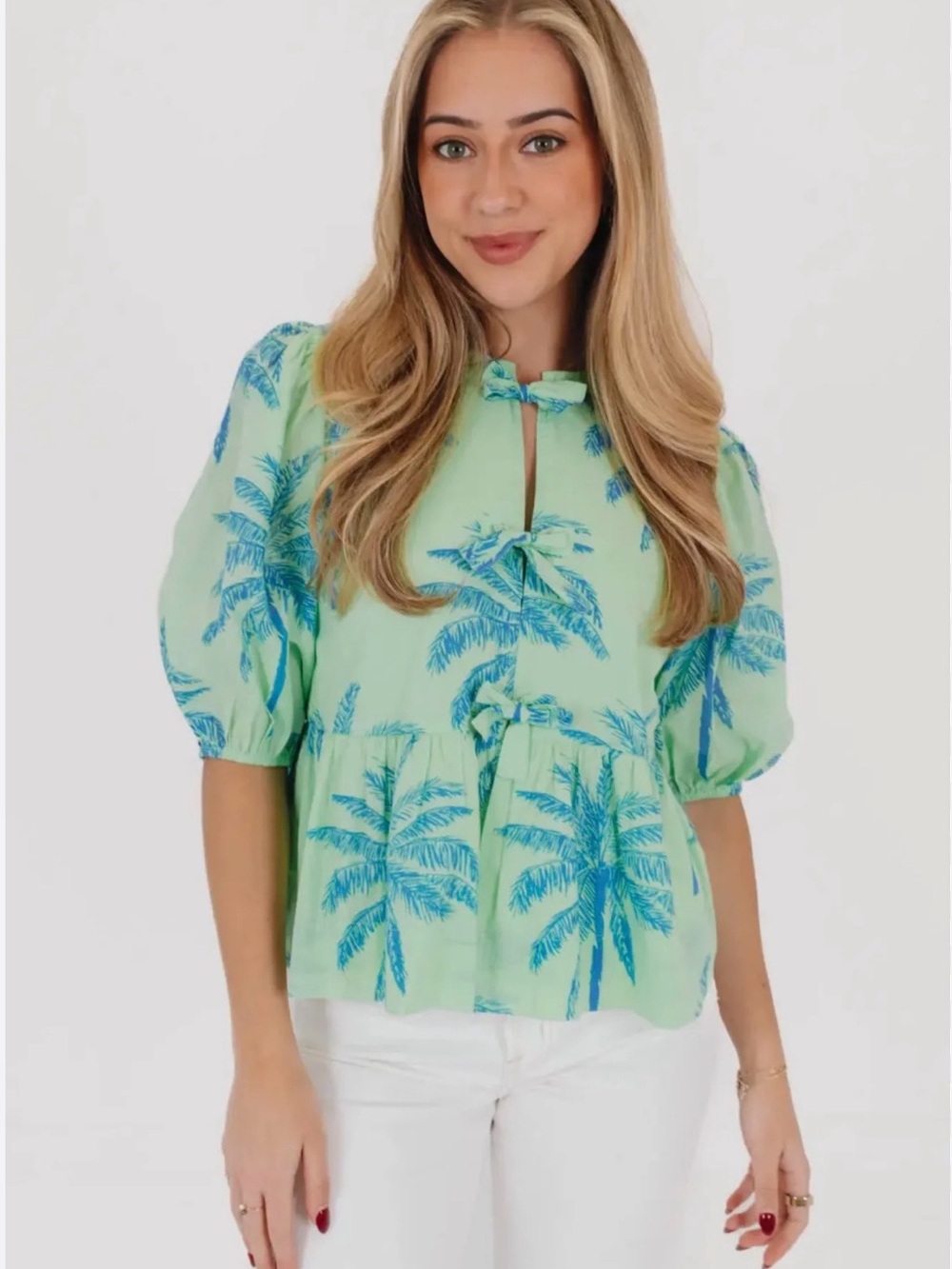 Mint Green Palm Print Peasant Top